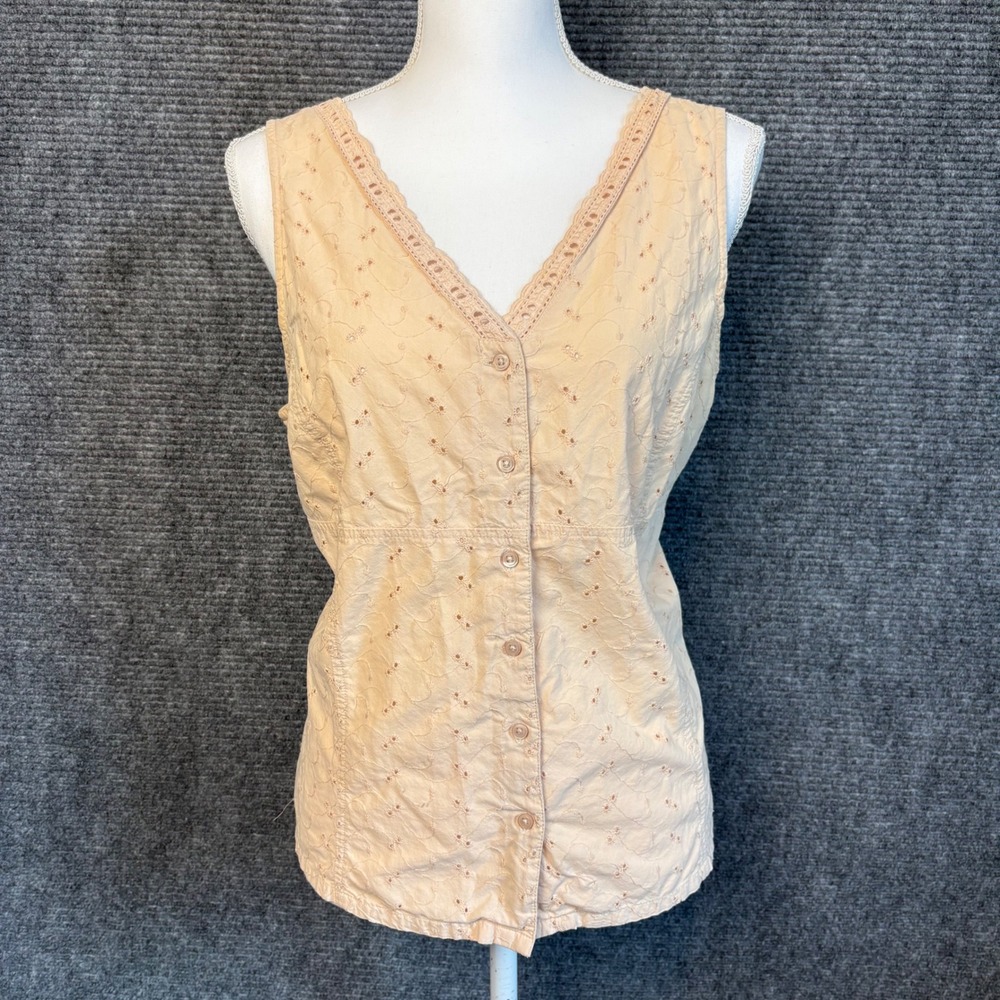 Basic Editions Eyelet Button Front Tank Top Womens L Cream Cottagecore Boho